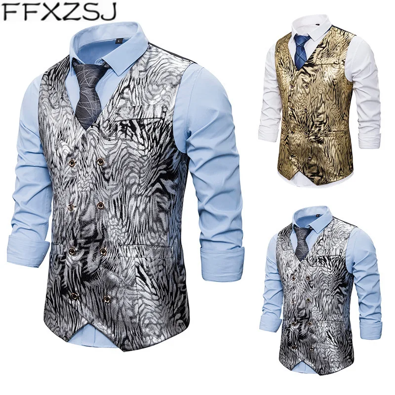 

FFXZSJ Men's new style nightclub commercial hot gold snake print leisure double breasted vest European and American sizes XXL