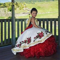 princess red ruffules pageant party dress for little kids tiered spaghetti strap appliques floral ball gown flower girl dresses
