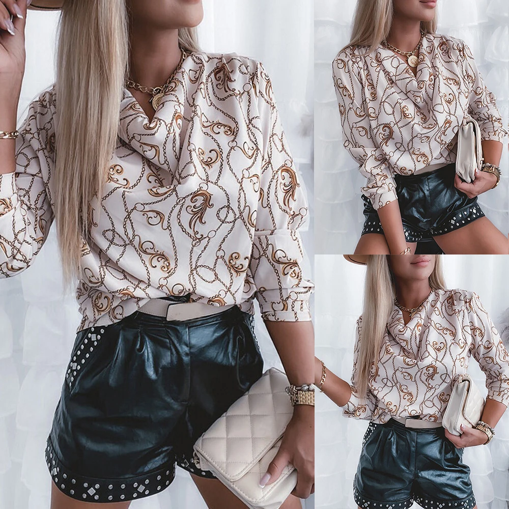 

Chain Printed Women Blouses T-Shirt Shirt Stand Collar Ladies Tee Shirt Office Work Wear Business Female Blouses Tshirt Blouses