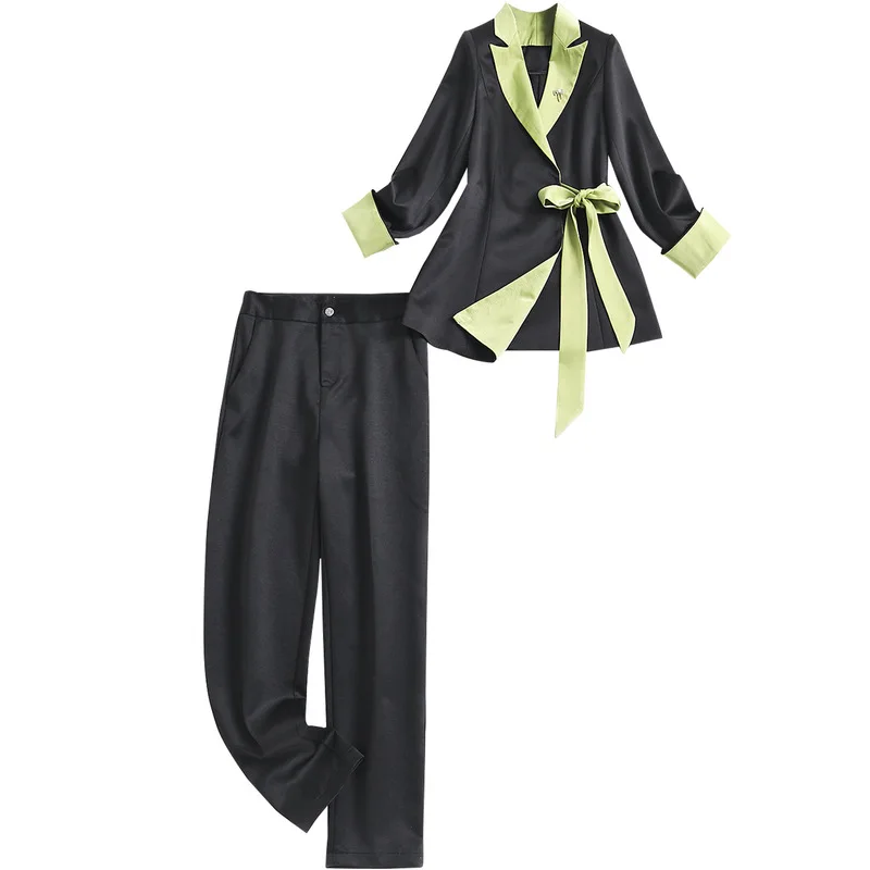 

Shuchan 2021 Spring 2piece Set Blazer+pants Office Lady Zipper Fly Turn-down Collar Women Suit Spring Ankle-Length