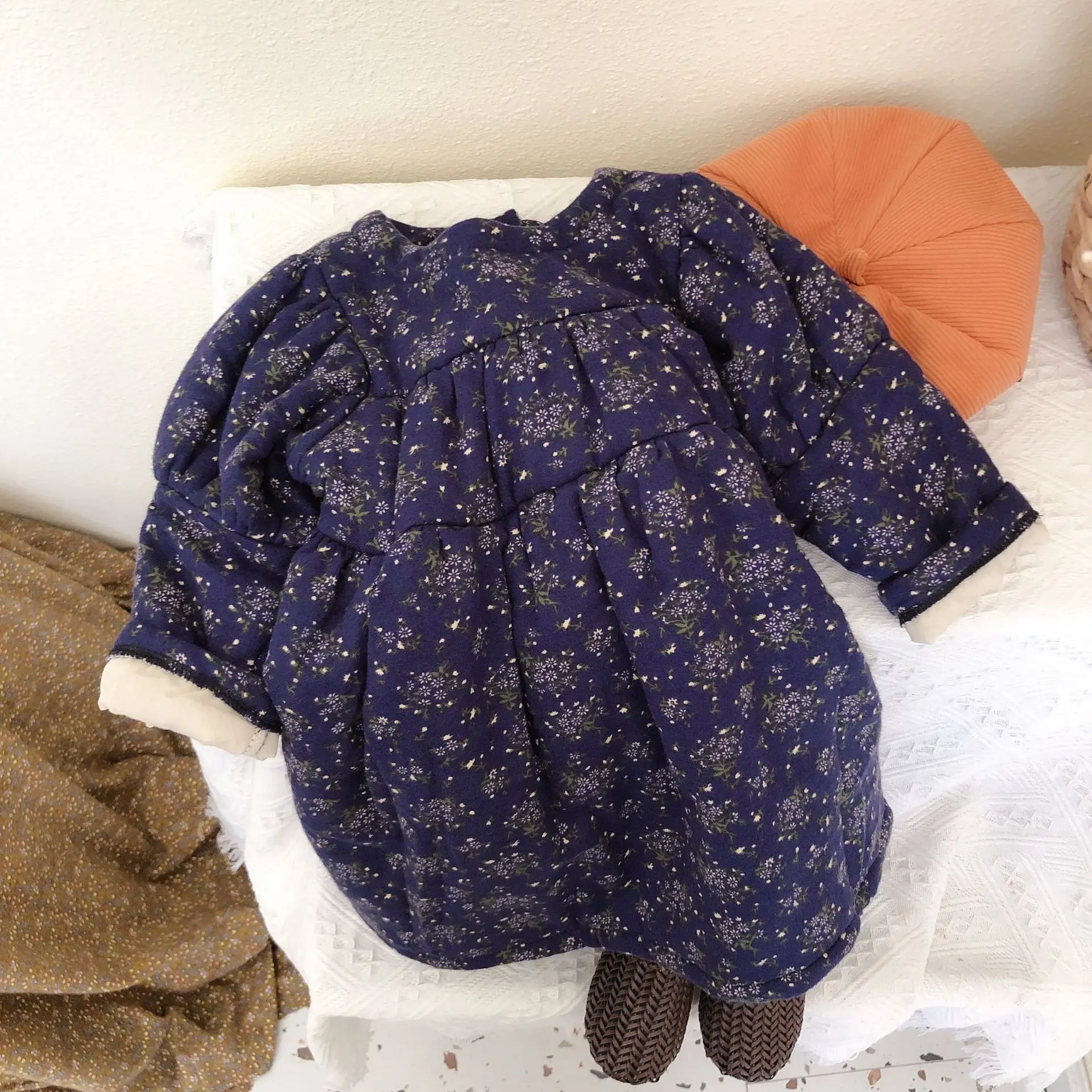 

2021 Autumn and Winter New Korean Baby Girl Dress Kids Girls Floral Large Fur Collar Princess Dress Child Plus Velvet Warm Dress