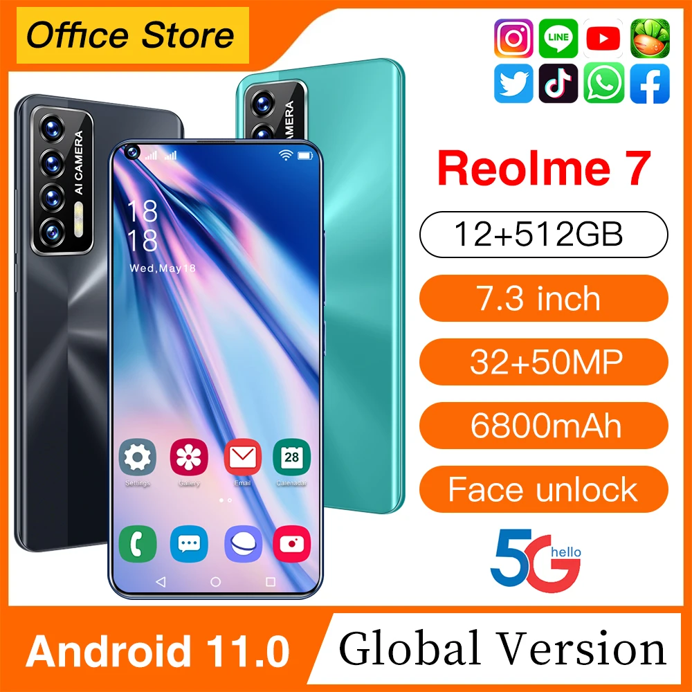 

Global Version 7.3Inch Reolme7 Smartphone 32+50MP 12+512GB 6800mAh Mobile Phones Support Google 5G Unlock Android11.0 Celular