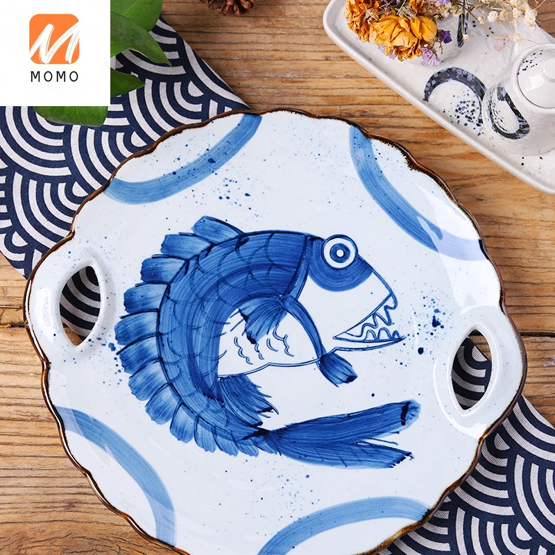 

Ceramic Tableware Household Large Binaural Fish Dish Japanese Commercial Hand-Painted Plate Dish Creative Plate Sashimi Plate