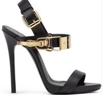 women thin high heel genuine leather black golden one button sandals summer metal decoration black sandals