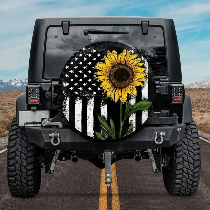 

Sunflower American Flag Spare Tire Cover For Car - Car Accessories, Custom Spare Tire Covers Your Own Personalized Design,