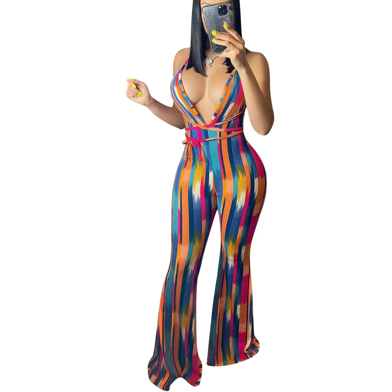 

Women Tie Dye Stripe Halter V-neck Jumpsuit Sexy Sleeveless Club Party One piece Overall Backless Romper