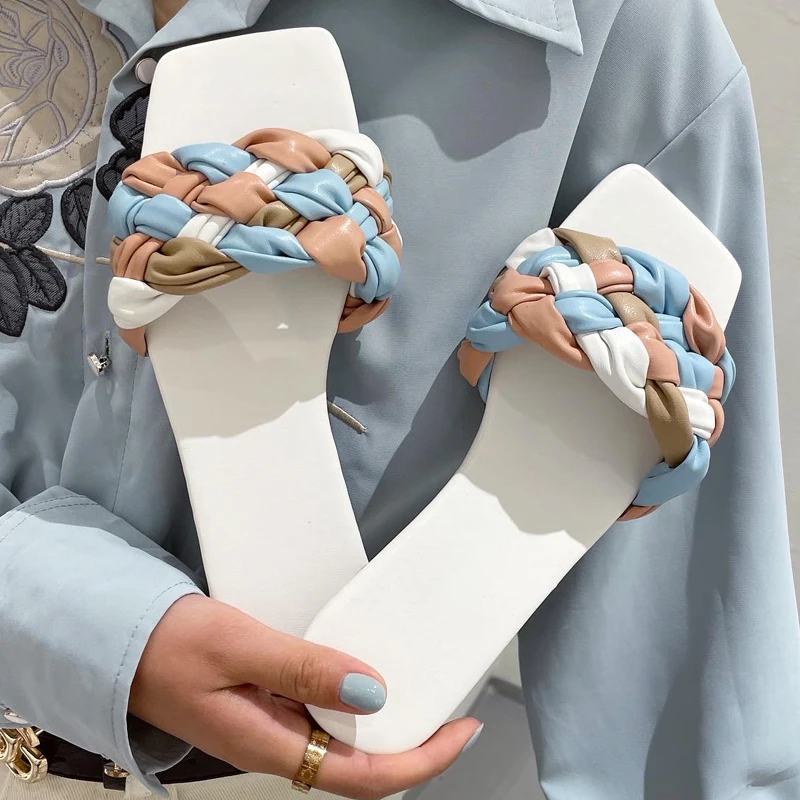 

Шлепанцы женские с квадратным носком, повседневные плетеные сандалии, без застежки, пикантная пляжная обувь, сланцы, разные цвета, лето 2021