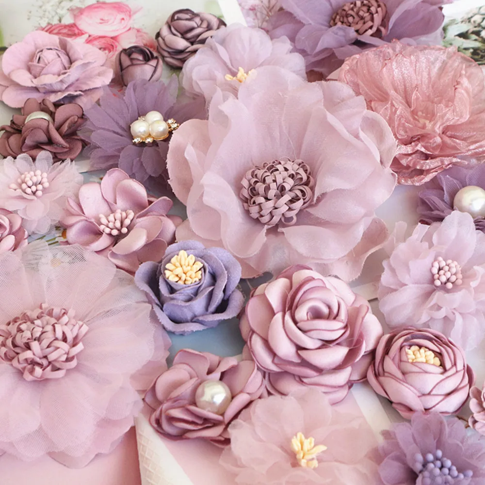 

10Pcs Purple Series Satin Chiffon Fabric Artificial Flowers For Wedding Dress Clothing Hats Decoration Headdress Headband Flower