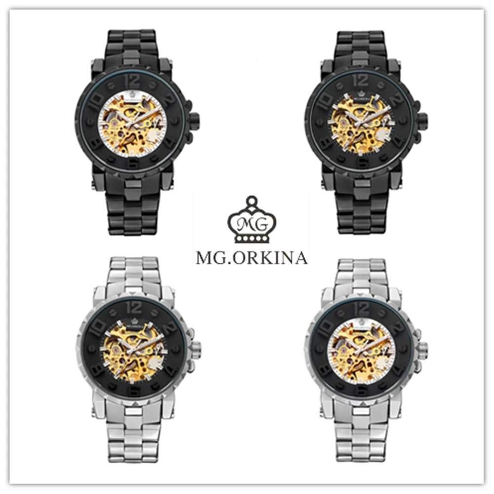 Часы скелетоны Orkina Мужские механические роскошные золотистые наручные