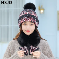 winter womens hats sweet lovely dots knitted hat scarf sets thick warm neck skullies beanies 2pcs set bonnet female cap gorras