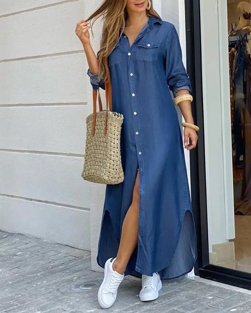 

2020 Women Fashion Elegant Denim Casaul Maxi Dress Denim Button Through Slit Shirt Dress