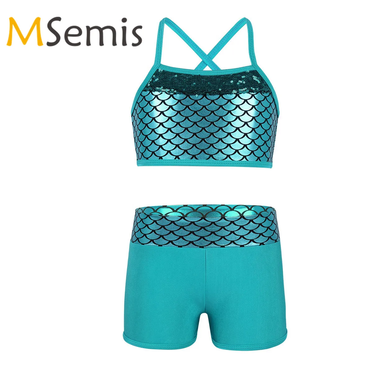 Kids Girls Gymnastics Tankini Swimsuit for Dancing Two Pieces Mermaid Tank Top with Shorts Ballet Leotard Costume | Спорт и