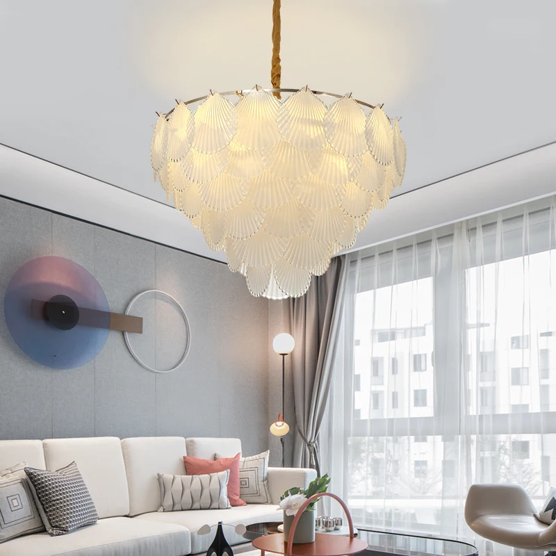 

Postmodern Light Luxury Frosted Glass Living Room Lamp Creative Scallop Chandelier Designer Duplex Villa Chandelier