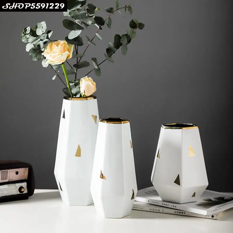 

European Geometric Gold-plated Vase Ceramic Six-sided Flower Arrangement Decoration Home Bedroom Decoration Flower Vase Wedding