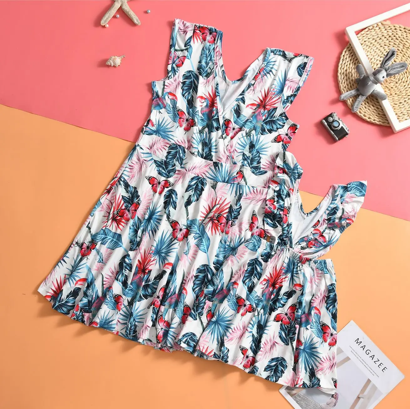 

2021 British Spring and Summer Flying Sleeves Printing Parent-Child Dress