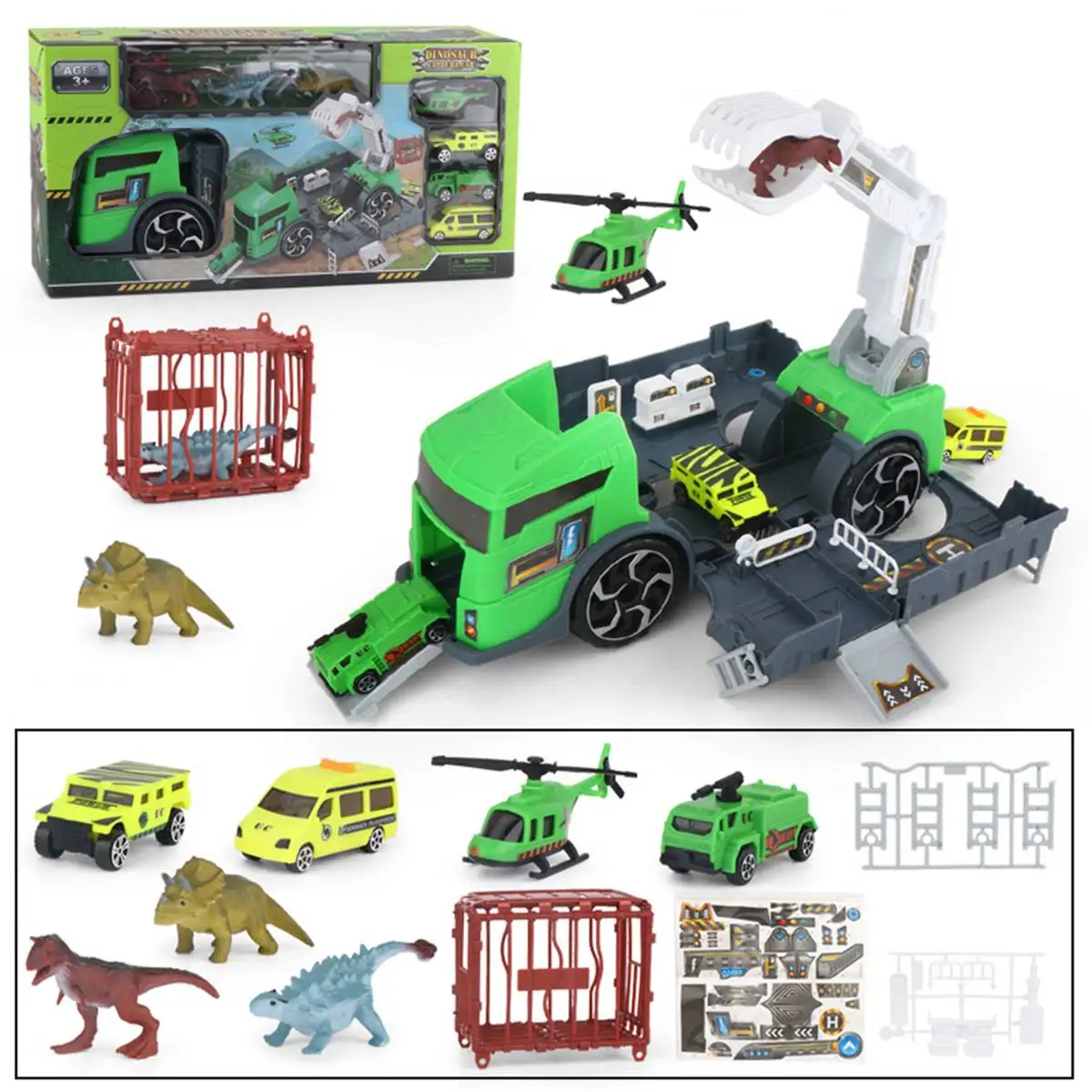 

Transporter Large Truck Model Car Storage Box Children Toy+3pc Dinosaur+4pcs Car Educational Gift Toy Halloween Christmas