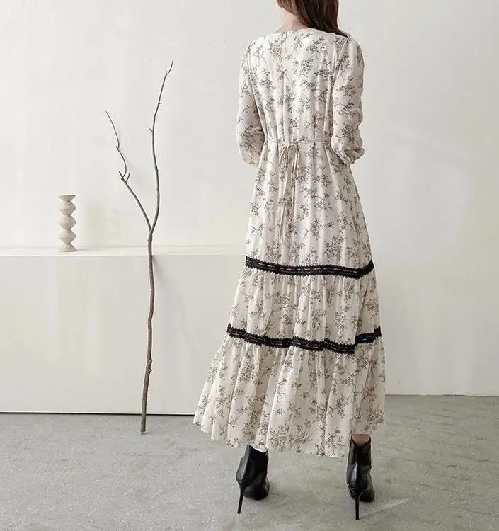 

Chic French retro floral long dress