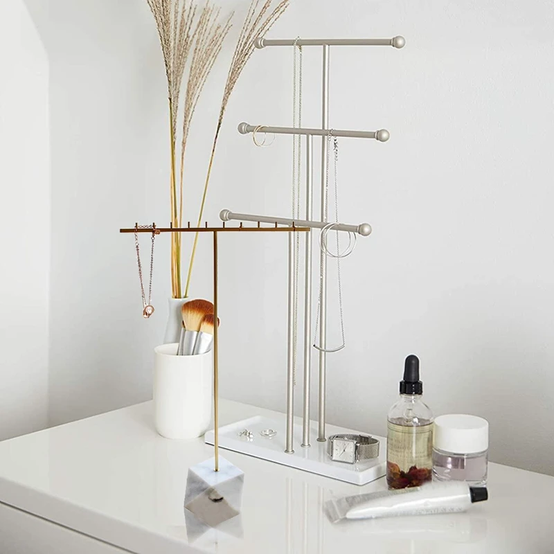 

2Pcs Stainless Steel Necklace Display Stand, Polygonal Natural Marble Gold Jewelry Stand, Jewelry Stand Black+White