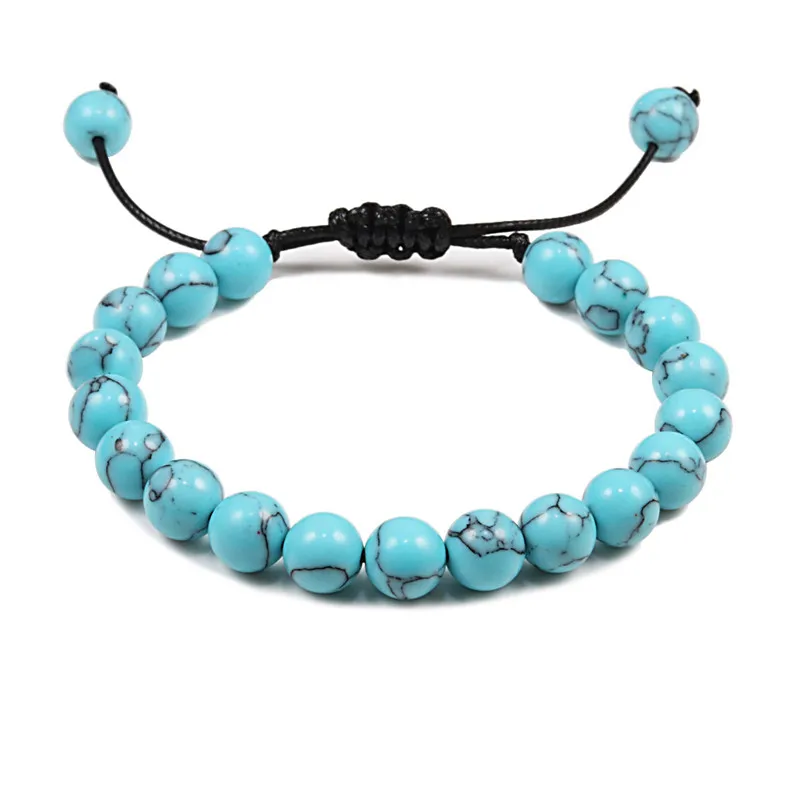 Light Blue 8 мм вулканические браслеты с бусинами из камня плетеная веревка Регулируемая бирюза Strand браслет Шарм Исцеление баланс Ювелирные изделия для женщин мужчин - Окраска металла: Light Blue