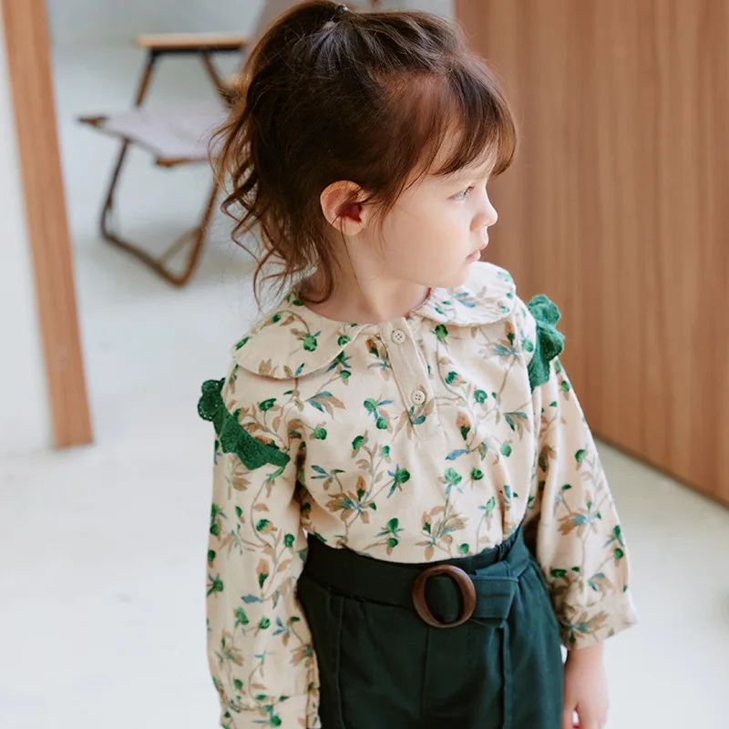 

Girls' cotton top Green floral pattern retro blouse spring autumn clothes