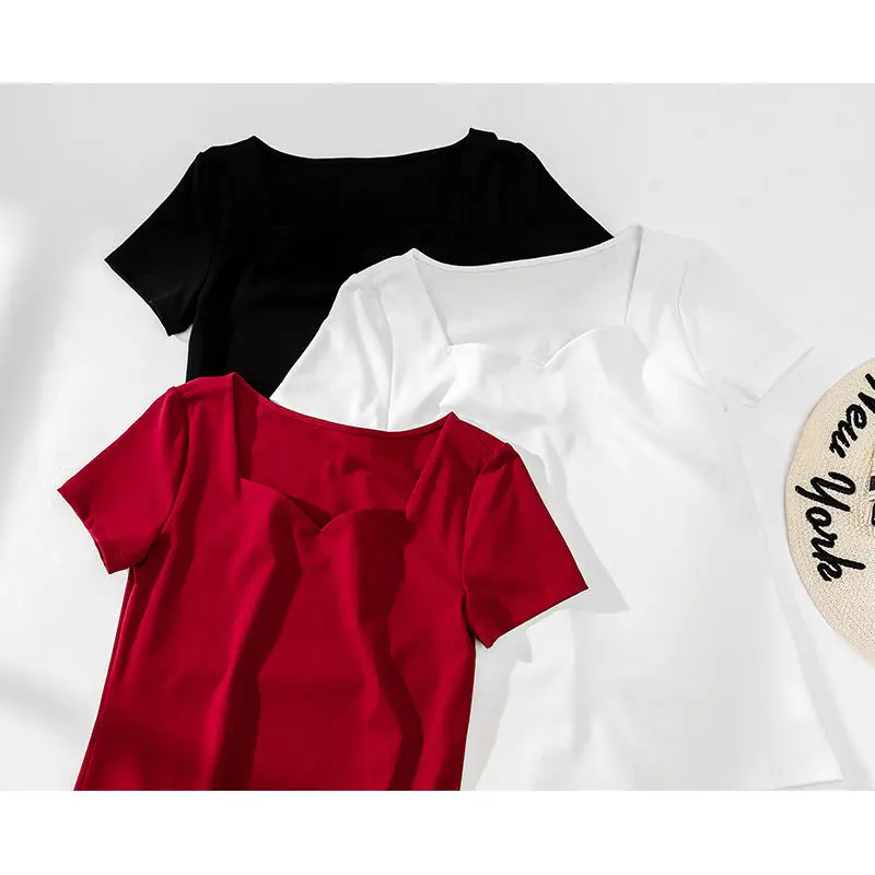 

95% Cotton Short-sleeved T-shirt Women 2021 Summer New Style Retro Square Neck Slim Slimming All-match Bottoming Top Tide
