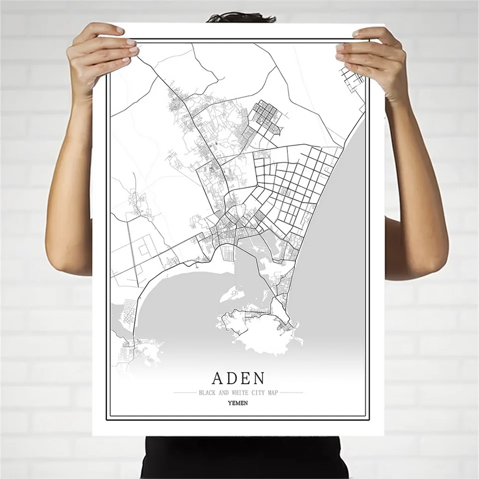 Черно-белая карта города Йемена плакат в скандинавском стиле для гостиной Сана