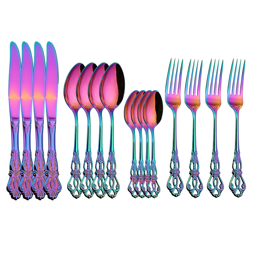 16/32 Pcs Rainbow Cutlery Set Stainless Steel Gold Flatware Set LuxuryDinnerware Set Silverware Set Knives Forks Coffee Spoons