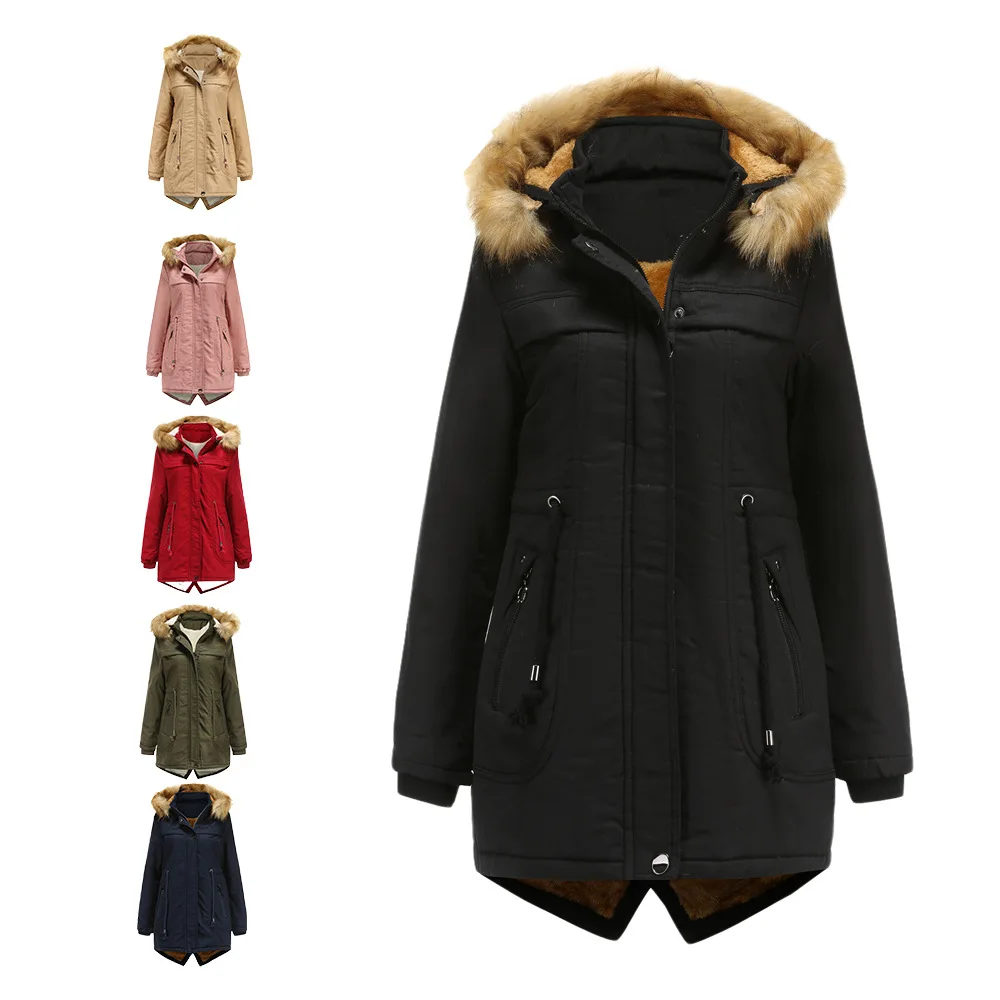 Women's Cotton-padded Jacket Fleece Mid-length Detachable Hood Fur Collar Winter Warmth Plus Fleece Coat Cotton-padded Jacket