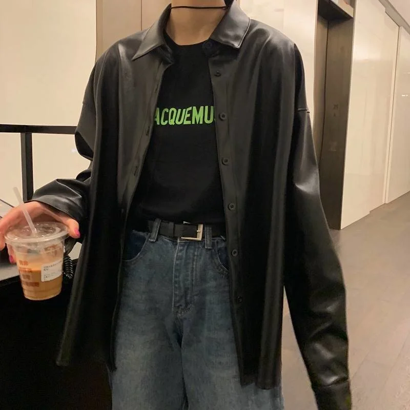 

PU leather coat dark handsome leather coat female spring dress Korean version new loose and versatile BF locomotive couple shirt