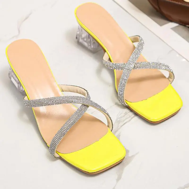 

Женские сандалии с квадратным носком, шлепанцы с кристаллами, на прозрачном каблуке, летняя обувь