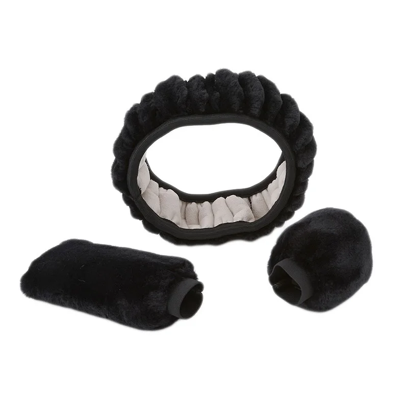 

3pcs/set Winter Plush Fur Car Steering Wheel Cover Handbrake Gear Knob Cover Universal Steering Wheel Cover Classical black/red