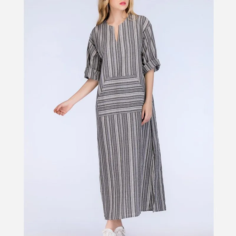 

Plus Size 5XL Women Cotton and Linen Casual Short Sleeve Long Striped Stitching Dress New Fashion Women's Clothing Holiday Beach