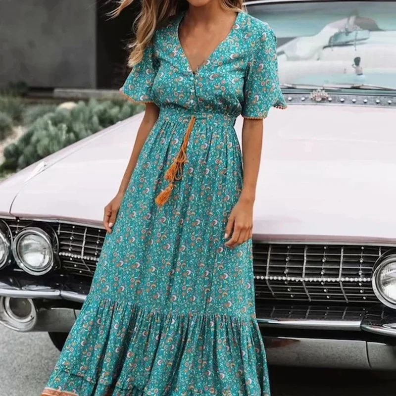 

Women Summer Short Sleeve Boho Maxi Dress Floral Print V Neck High Waist Dress Retro Beach Tassel Tied Long Dresses Cottagecore