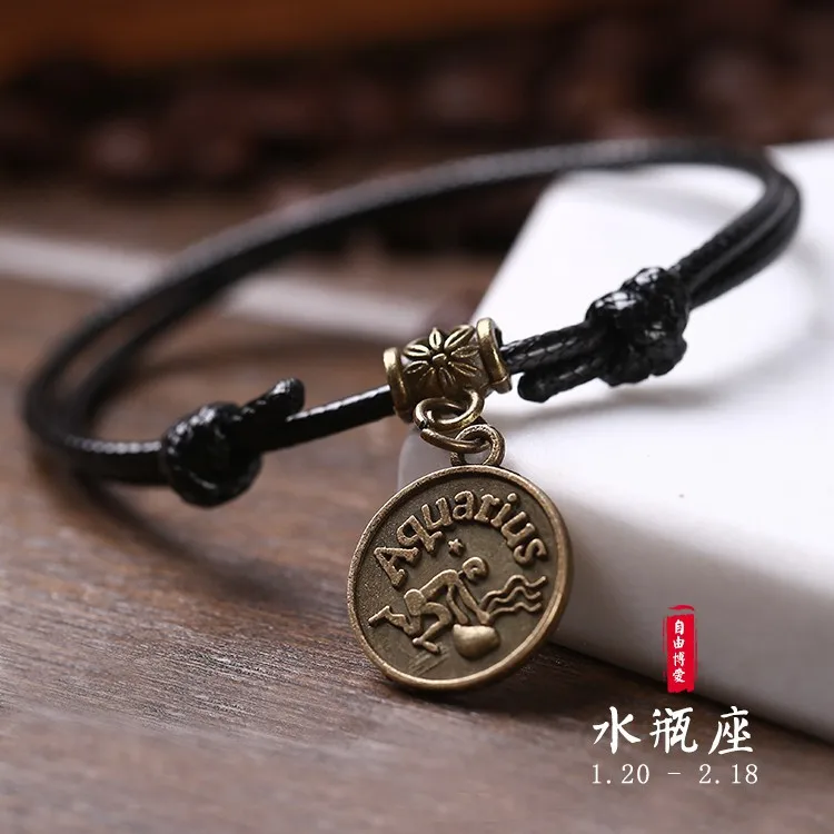 Aquarius Women Vintage Black Rope Chain Anklets 12 Constellations Couple Bohemian Ankle Bracelet Lovers Accessories Boho Foot Jewelry - Окраска металла: Aquarius