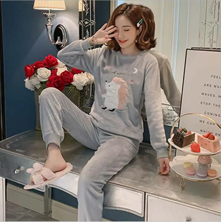 Осень-зима женская пижама с коротким рукавом комплекты Фланелевая Хлопковая