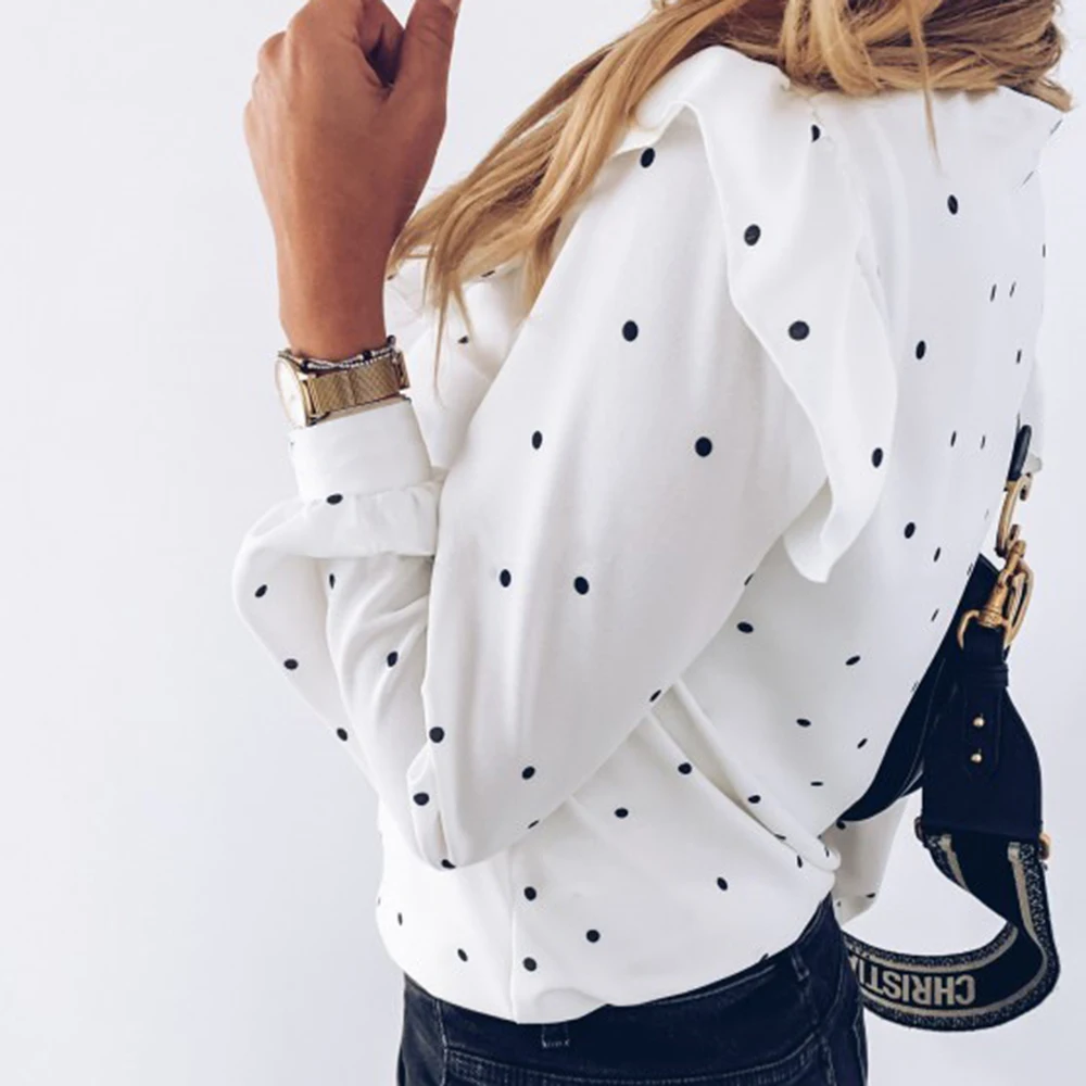 Модная женская блузка с принтом в горошек пуговицы для рубашки Свободная блуза