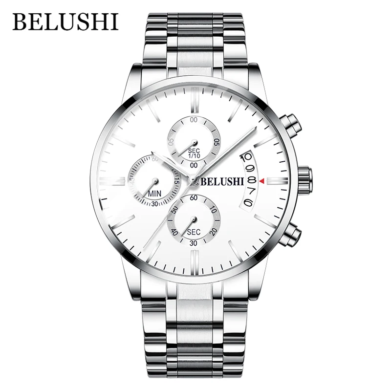 Silver White Мужские часы от роскошного бренда BELUSHI, высококачественные мужские деловые повседневные часы, мужские водонепроницаемые спортивные кварцевые наручные часы relogio masculino - Цвет: Silver White