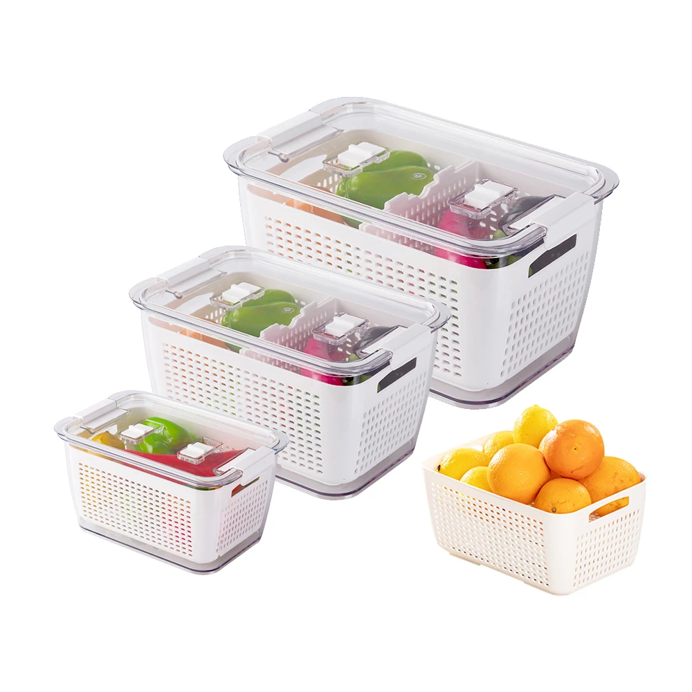 

3PCS Set Fridge Storage Box Refrigerator Fresh Vegetable Fruit Boxes Drain Basket Storage Containers Lid Kitchen Organizer