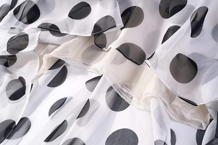 

Women's 100% Pure Silk Long Dress ruffled Neck two-layers half sleeve white dots one size JN071