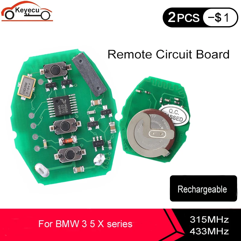 

KEYECU Rechargeable Remote Circuit Board 315MHz 433.92MHz for BMW 3 5 X series 7S E38 E39 E46 3 Button with ML2020 Battery