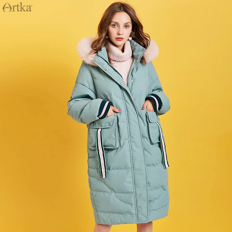 Женский длинный пуховик с капюшоном ARTKA черный толстый теплый на 2019 белом утином