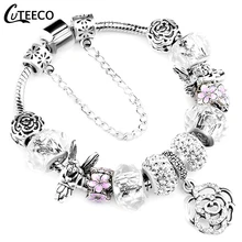 CUTEECO 925, модный серебряный браслет с шармами, браслет для женщин, Хрустальный цветок, сказочный шарик, подходит для брендовых браслетов, ювелирные изделия, браслеты