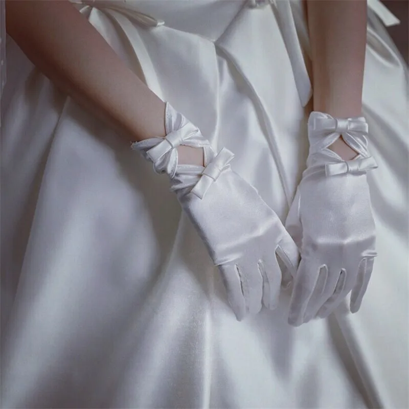 Свадебные перчатки с кружевным белым бантом, Короткие атласные перчатки, свадебные аксессуары, Бесплатная доставка, белые перчатки с цвето...