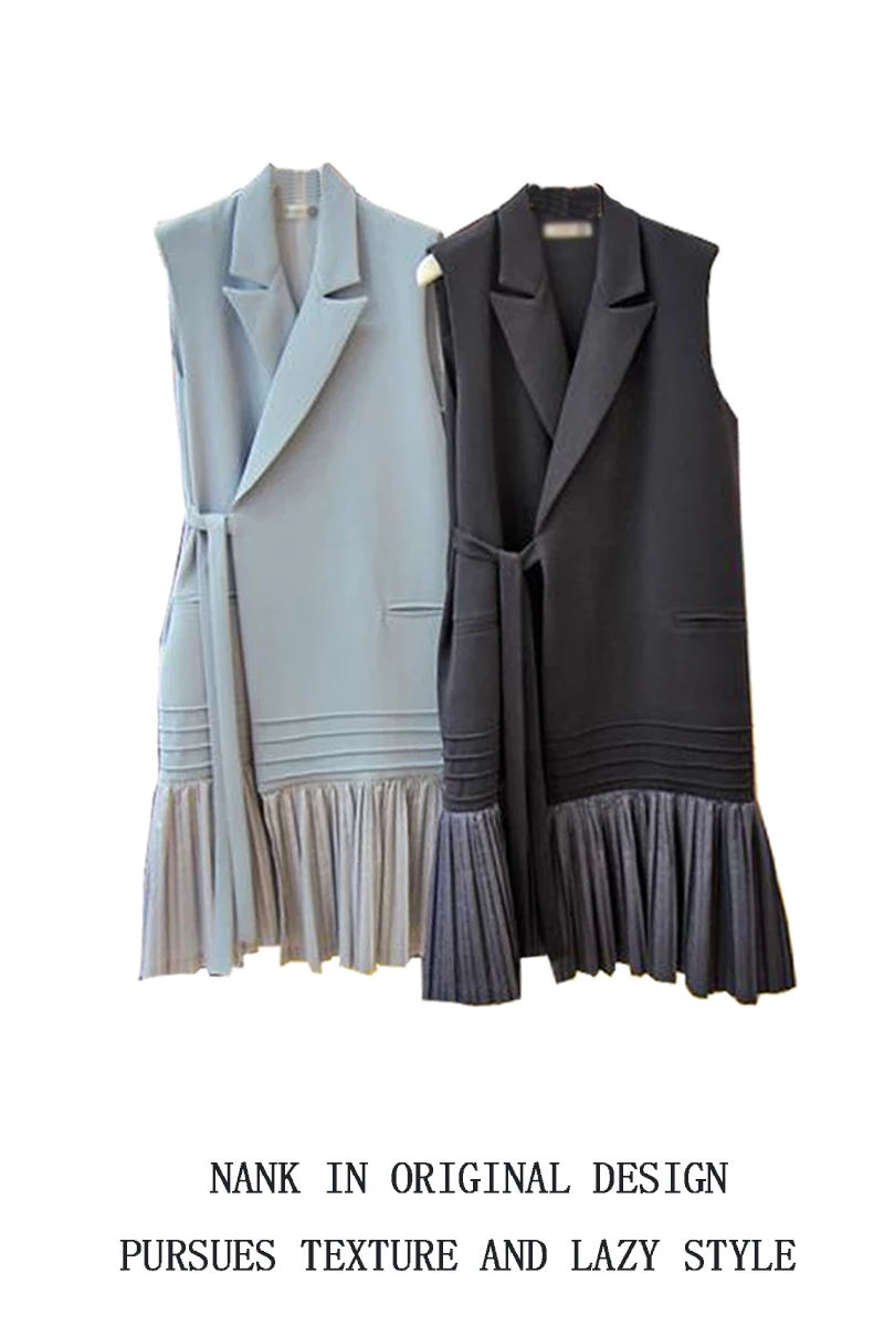 

SuperAen 2021 Spring Autumn New Solid Lace Up Pleated Vest Women's Ruffle Patchwork Notched Jacket