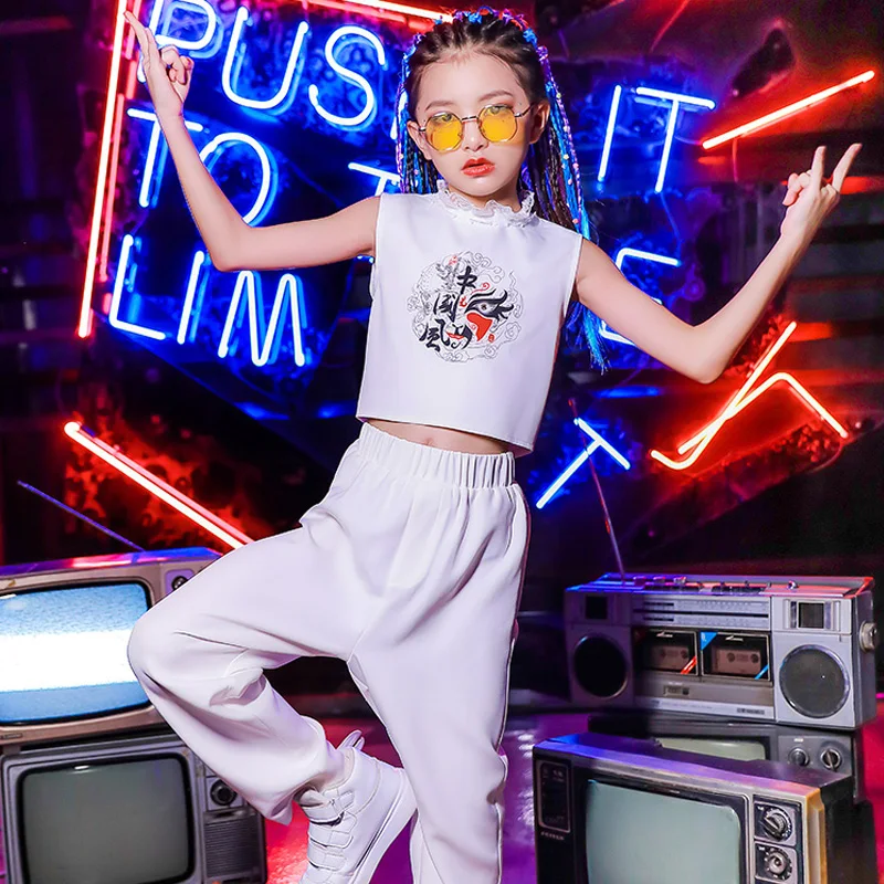 

2021 Girls Jazz Dance Costume White Fringe Lace Hip Hop Dancing Suit Kids Fashion Street Dance Practice/Performance Clothing