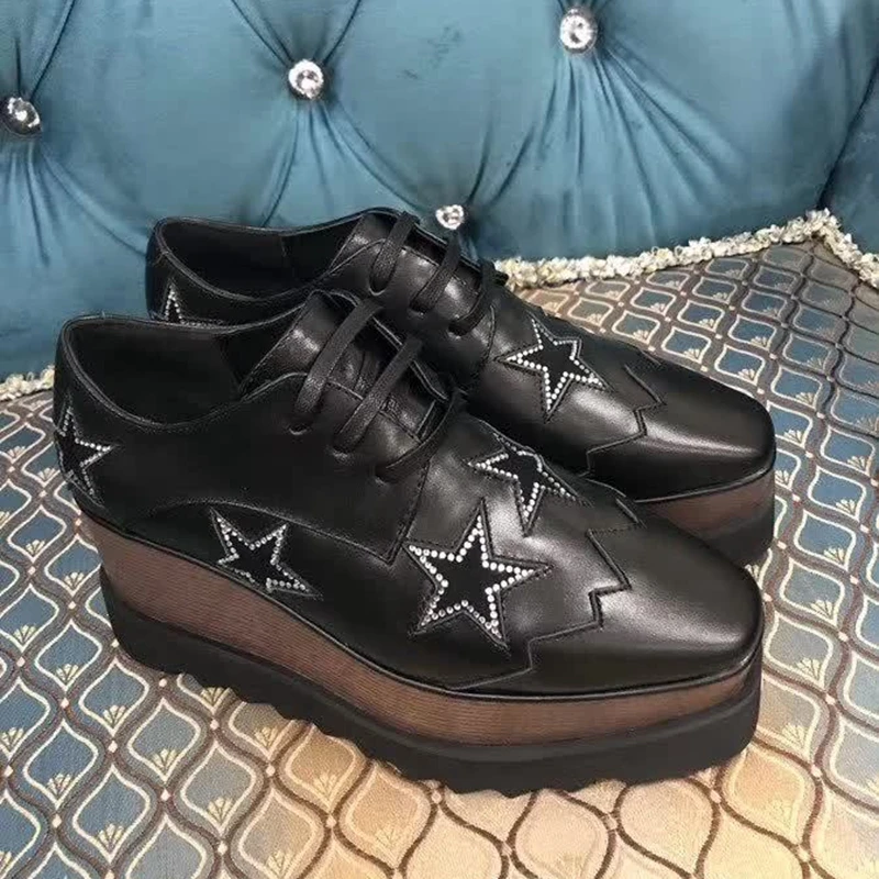 

Thick-soled women's shoes, embroidered shoes, lace-up, hot-drilled leather shoes, fashion heightened work shoes