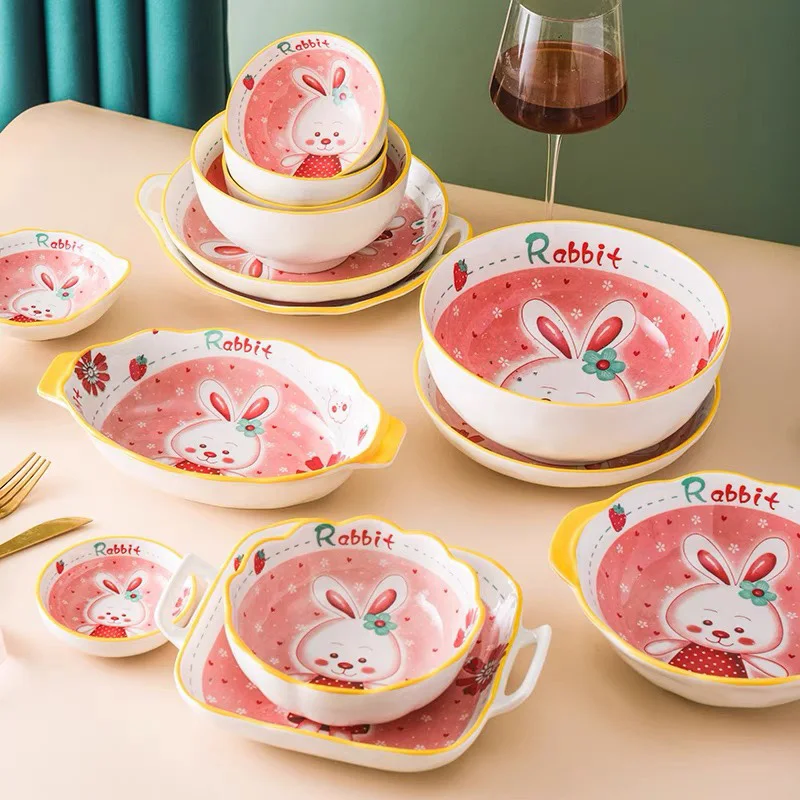 

Nordic Style Bunny Pattern Ceramic Tableware Set Bowl Creative Ceramics Bowls Household Children Lovely Dinner Plate Rice Plates