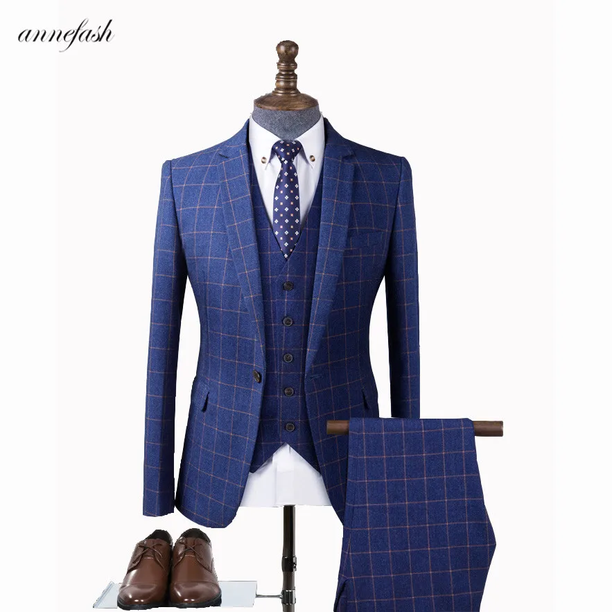Custom Made Men windowpane check pattern a lot color Suits Retro gentleman Classic Slim Fit blue plaid casual Wedding Suit | Мужская