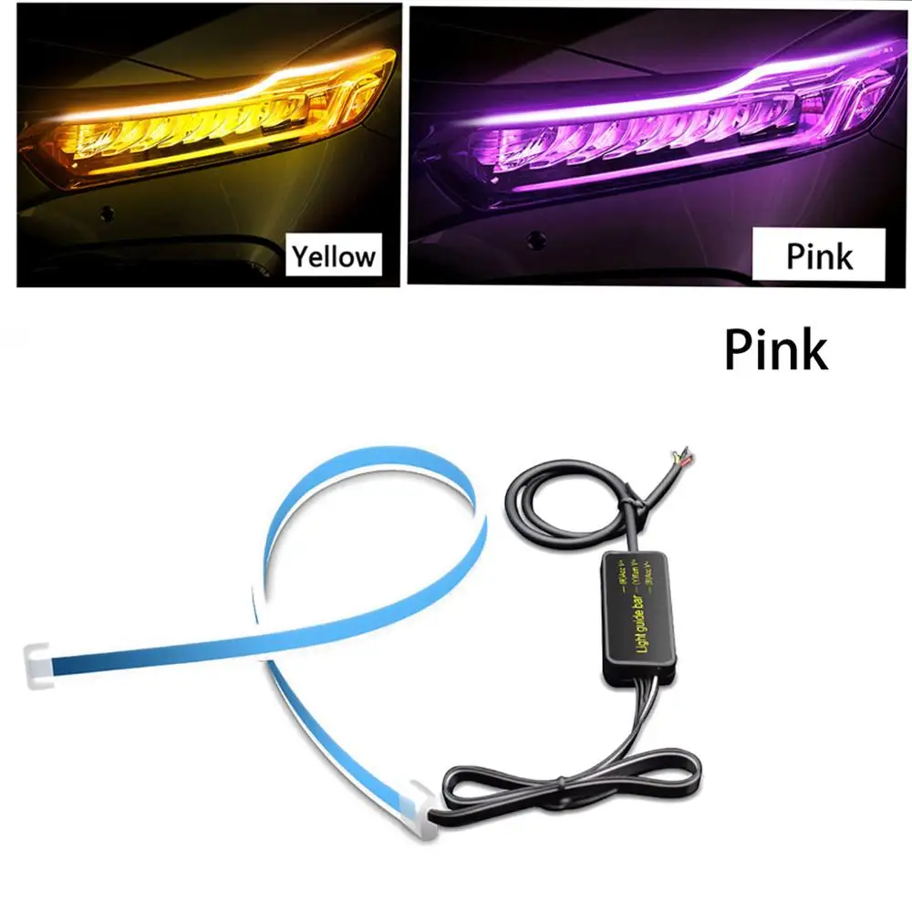 Pink-Yellow 2X ультратонкая Автомобильная DRL светодиодная лента, дневной ходовой светильник, автомобильная Поворотная сигнальная направляющая лента, головной светильник в сборе, DRL полоса - Цвет: Pink-Yellow