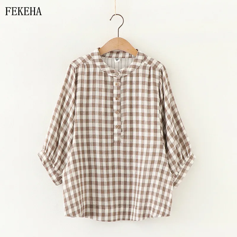 

Женская рубашка в клетку, летняя Свободная блузка из хлопчатобумажной пряжи с рукавами-фонариками, 2021